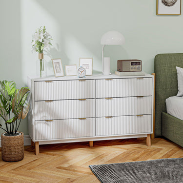 6 Drawer Fluted Chest Of Drawers With Gold Finger Pulls And 5 Wood Legs